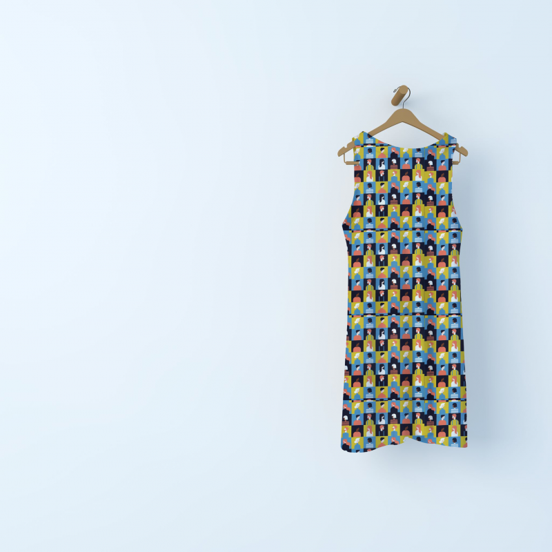 100% cotton fabric with side face - blue and mustard yellow 
