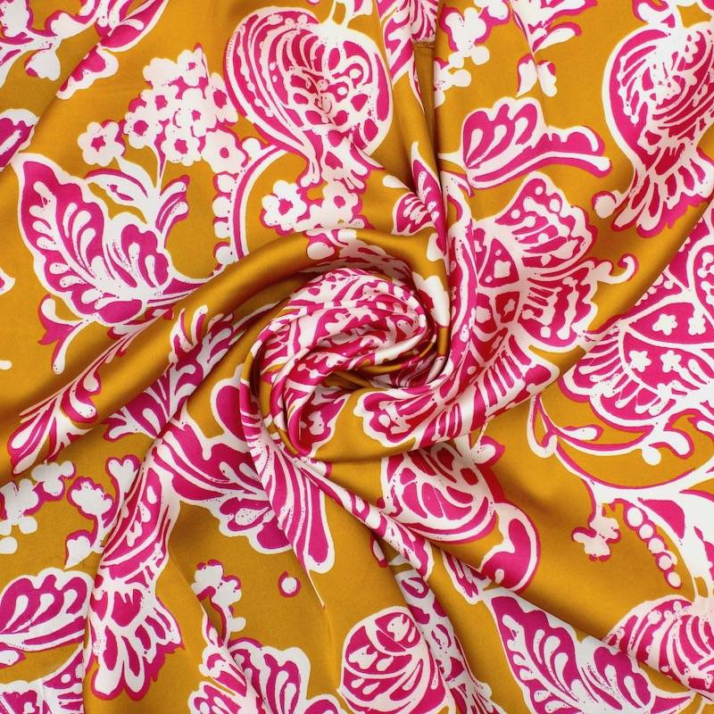 Satin fabric with flowers - fuchsia and saffron 