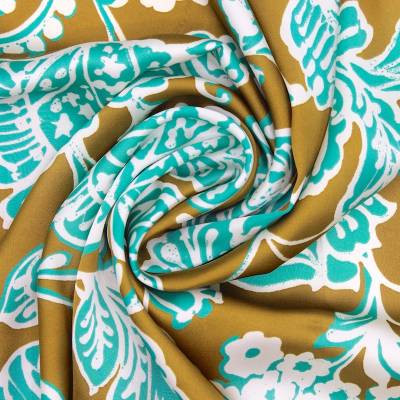 Satin fabric with flowers - turquoise and brownish-yellow