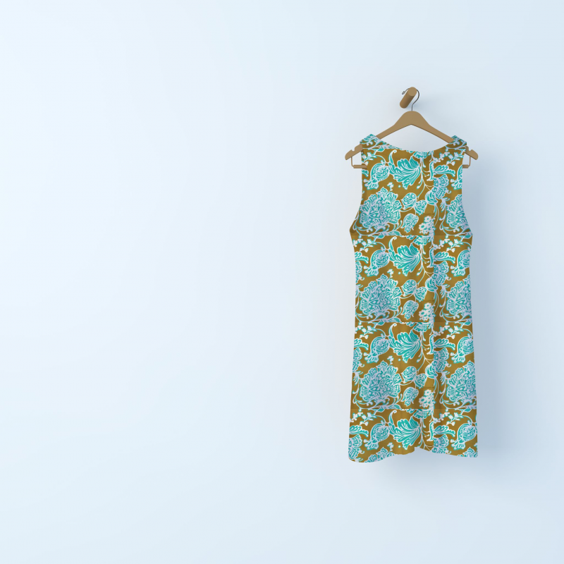 Satin fabric with flowers - turquoise and brownish-yellow