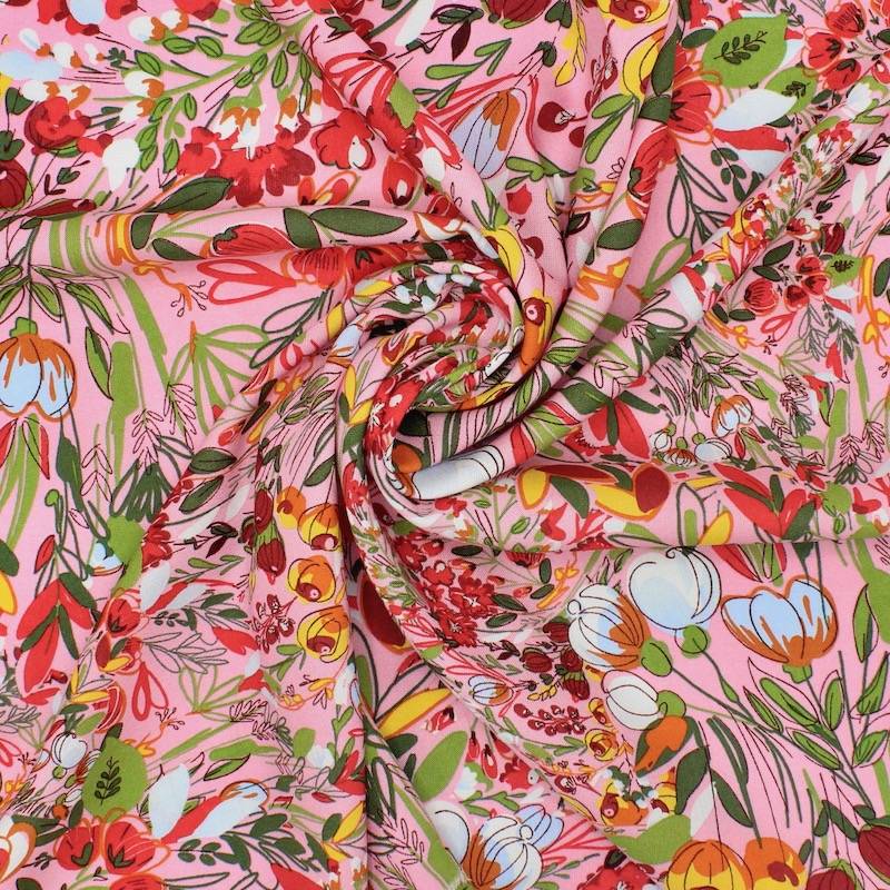 Viscose fabric with flowers - pink 