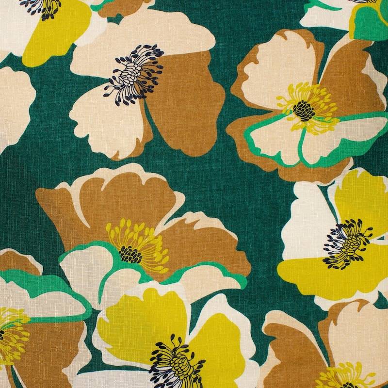 Viscose stof met bloemen en linnen aspect - groen en bruin 