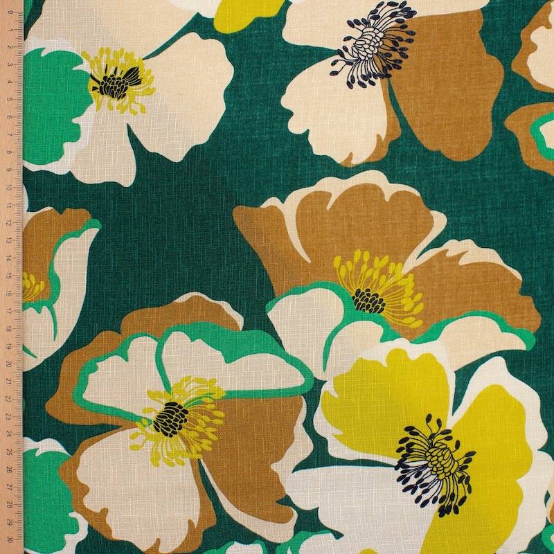 Viscose fabric with flowers and linen aspect - green and brown 