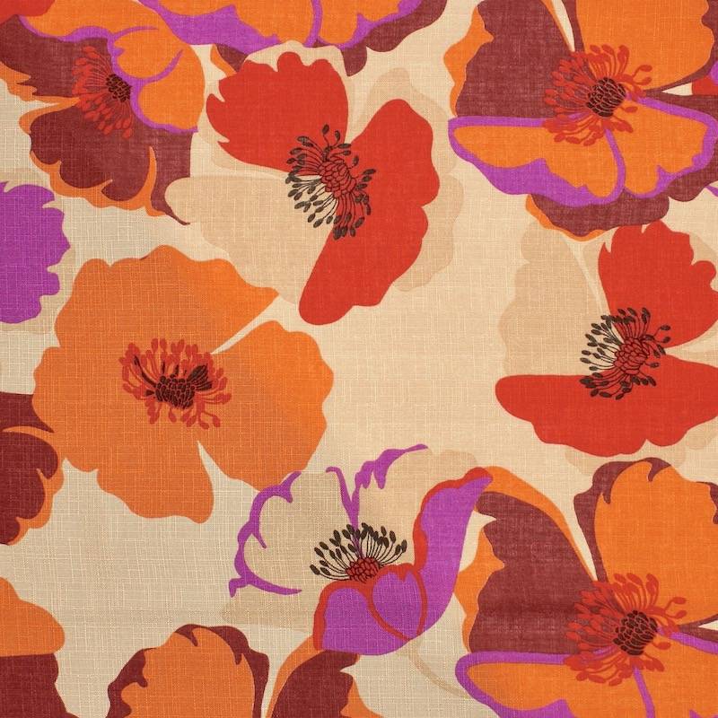 Viscose fabric with flowers and linen aspect - red and orange 