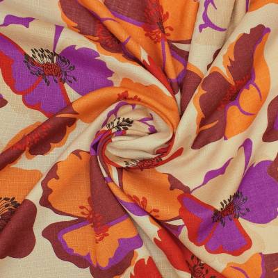 Viscose fabric with flowers and linen aspect - red and orange 