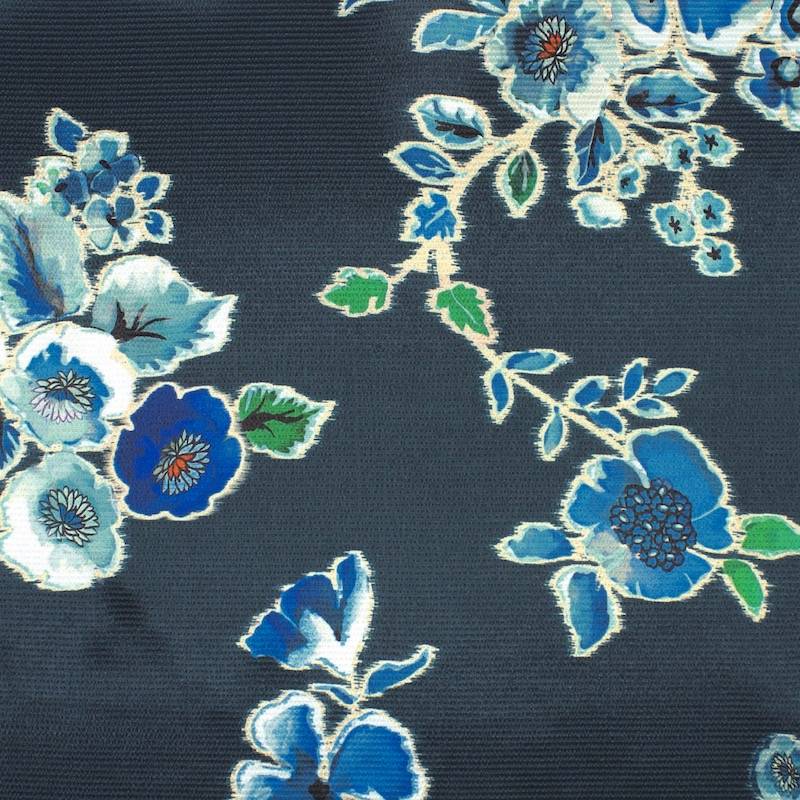 Satin fabric with flowers - dark petroleum