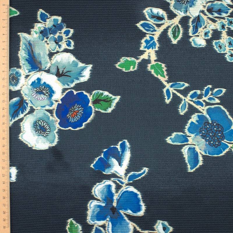 Satin fabric with flowers - dark petroleum
