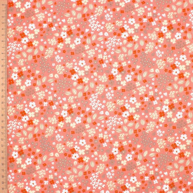 Coated cotton with flowers - coral 