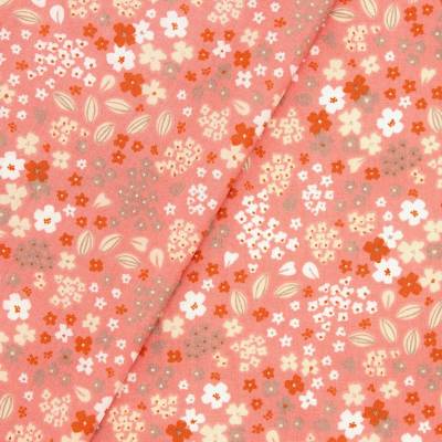 Coated cotton with flowers - coral 
