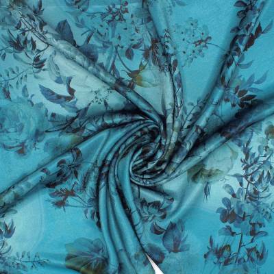 Polyester satin fabric with flowers - blue