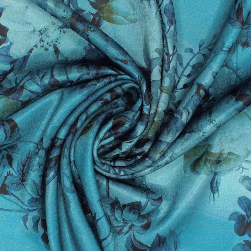 Polyester satijn met bloemen - blauw 