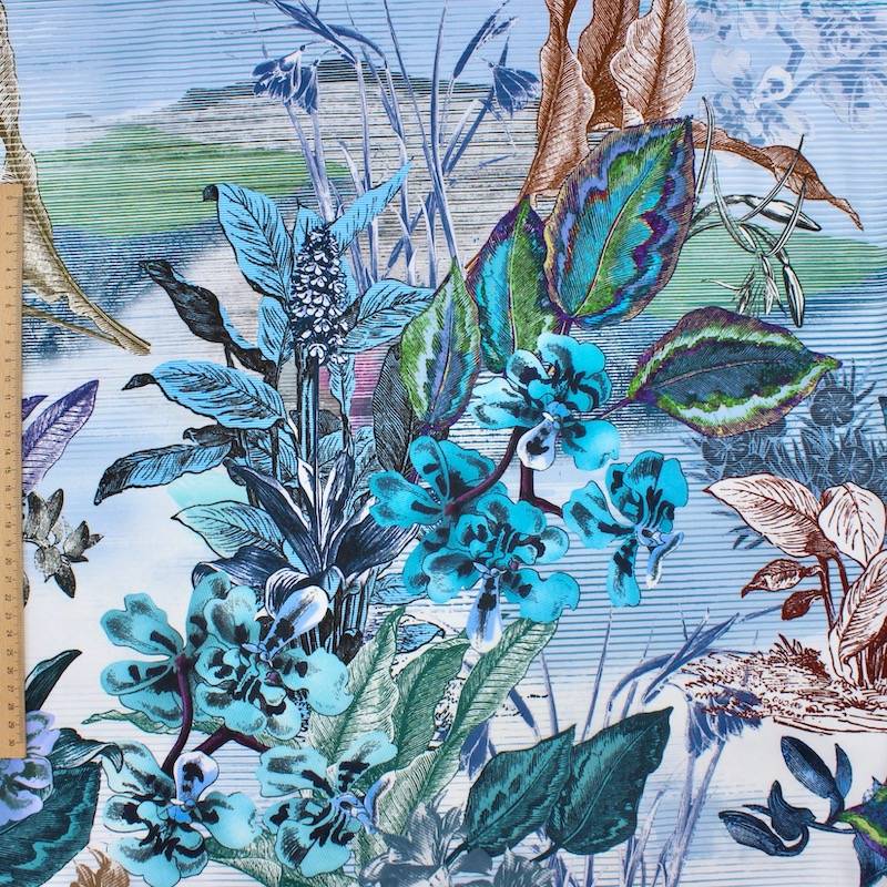 Extensible cotton panel with flowers - blue and green 