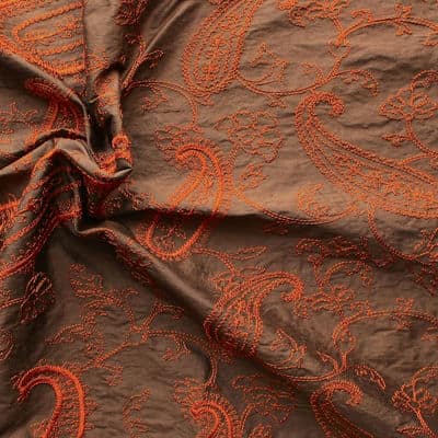Brown wild silk with orange embroidered design