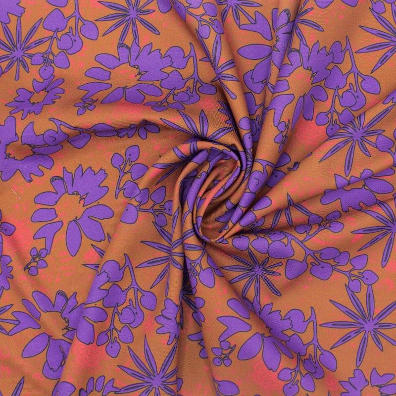 Cotton twill fabric with flowers - cognac