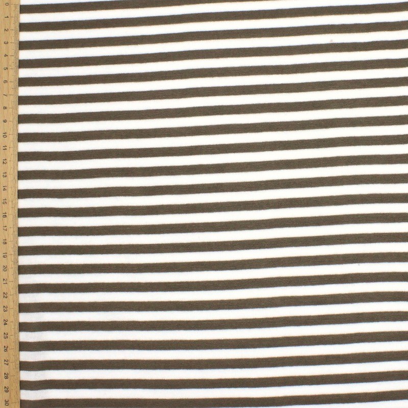 Jersey fabric with stripes - beige and white 