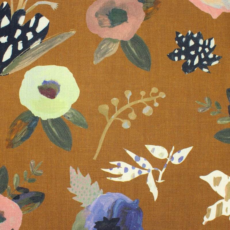 Viscose en linnen stof met bloemen - bruin