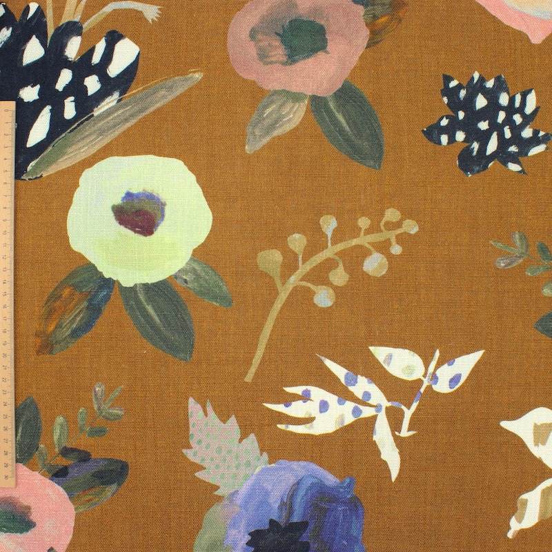 Viscose en linnen stof met bloemen - bruin