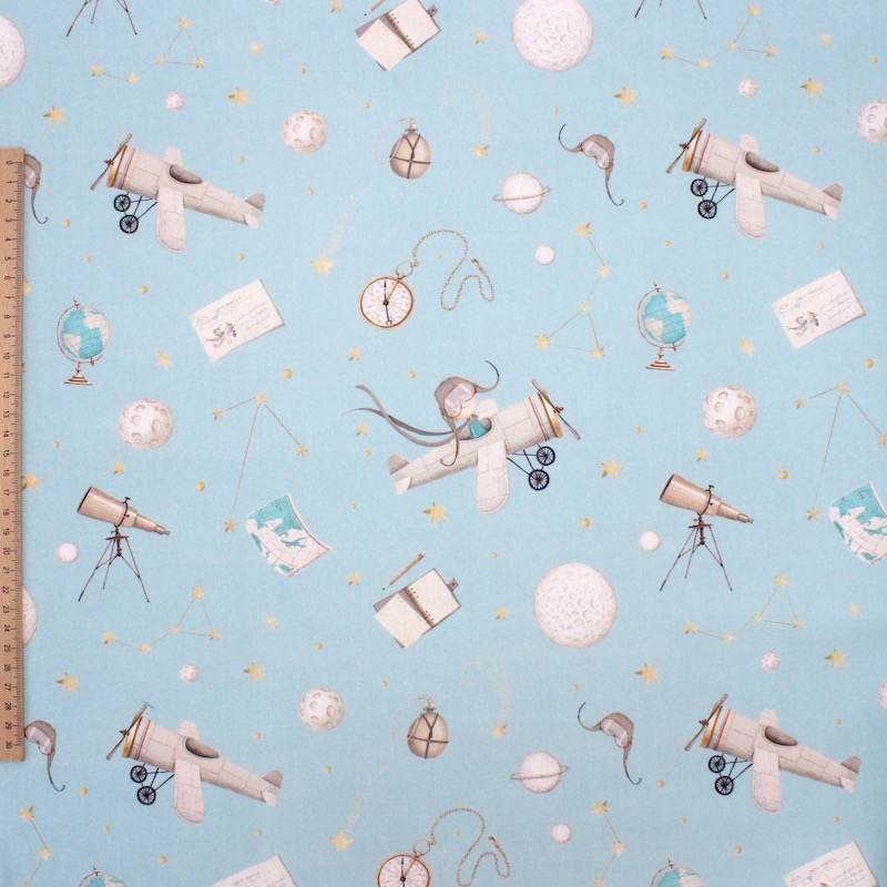 Cotton fabric with planes - sky blue
