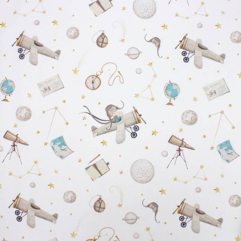 Cotton fabric with planes - white
