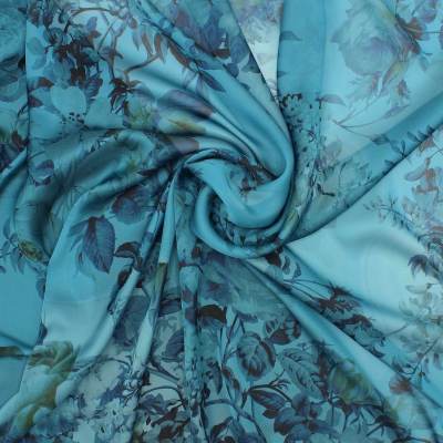 Tissu voile satin fleurs - bleu