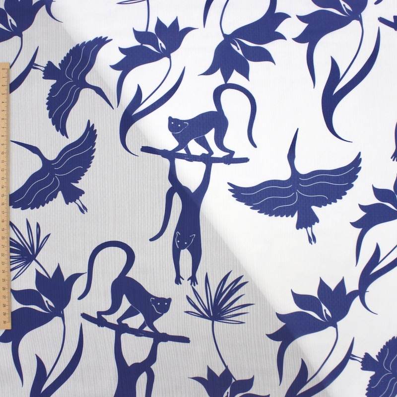 Polyester fabric with animals - white and navy blue 