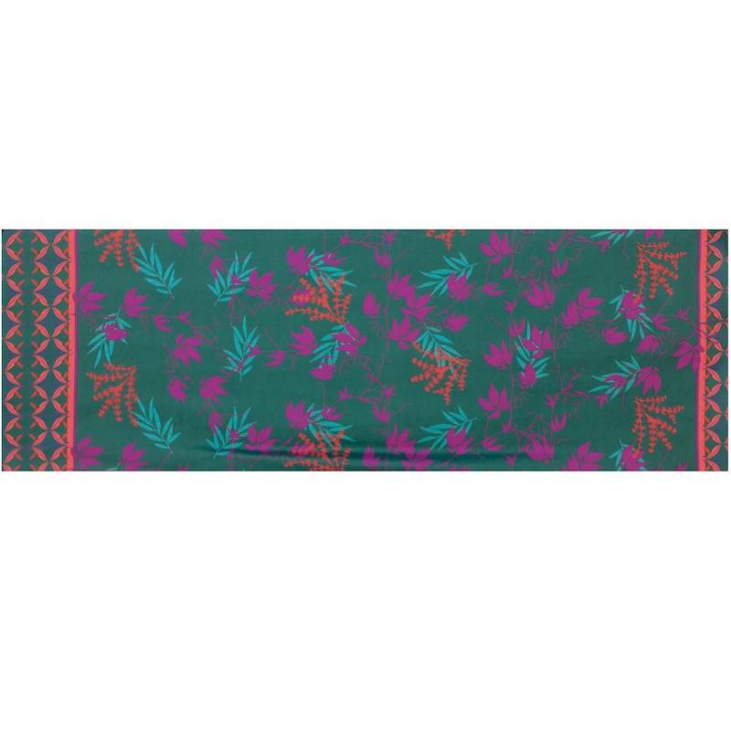 Cotton satin fabric with flowers - teal
