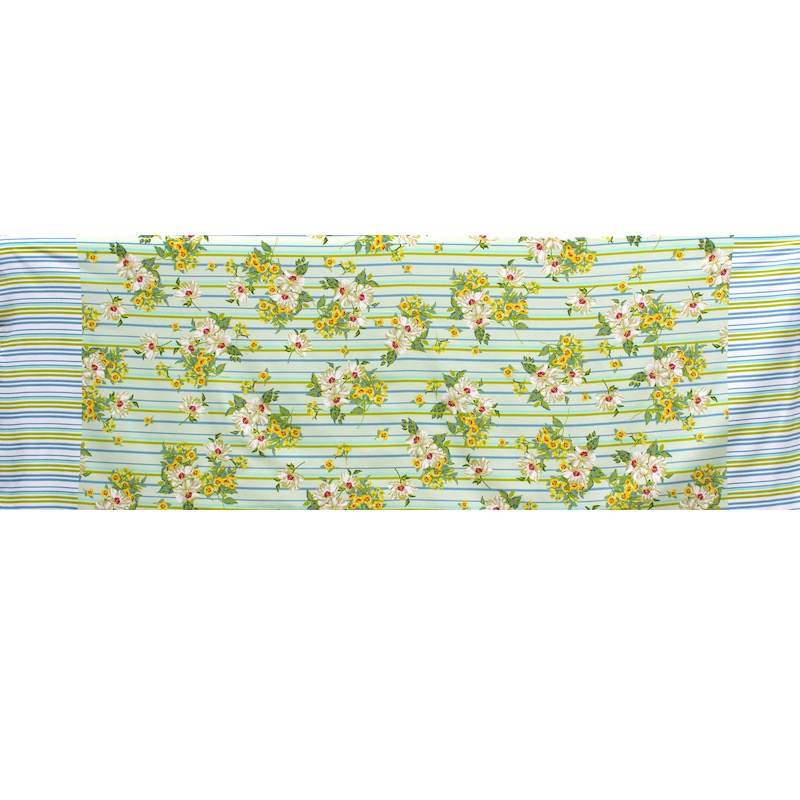 Crêpe fabric with flowers and stripes - blue and green