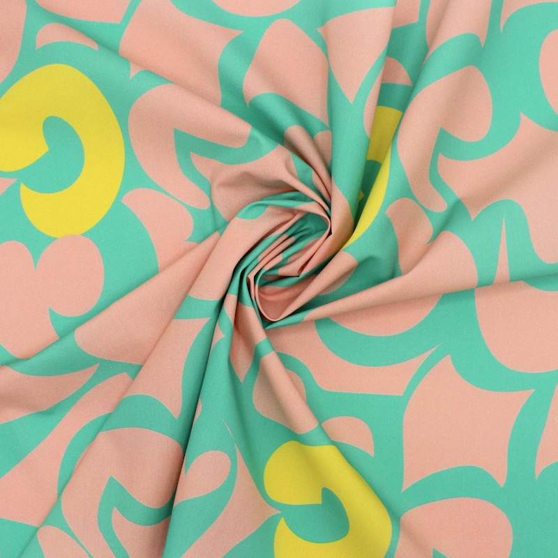 Cotton poplin with graphic prints - peach and green