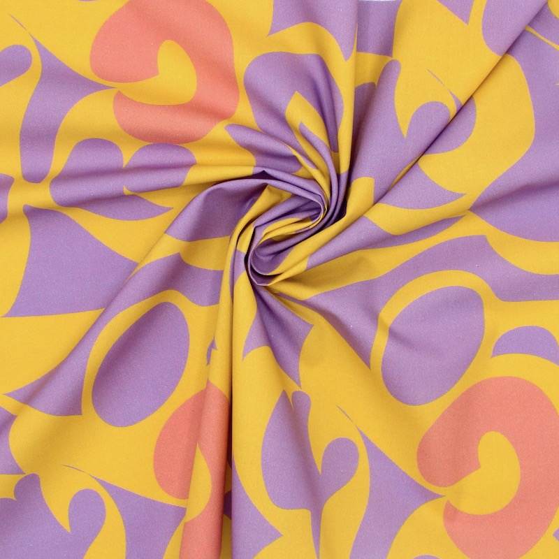 Cotton poplin with graphic prints - lilac and yellow 