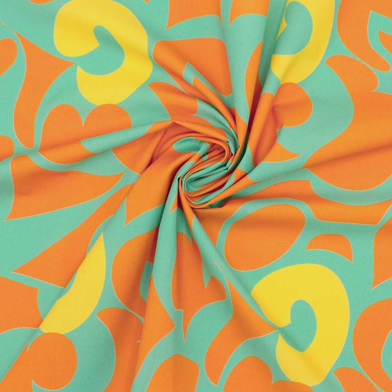 Cotton poplin with graphic prints - orange and green