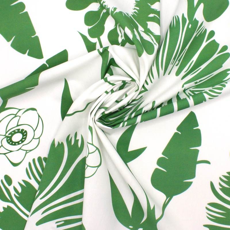 Cotton poplin with flowers - white and green