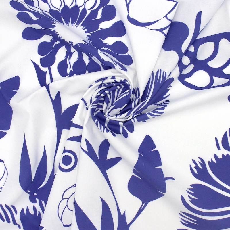 Cotton poplin with flowers - white and navy blue