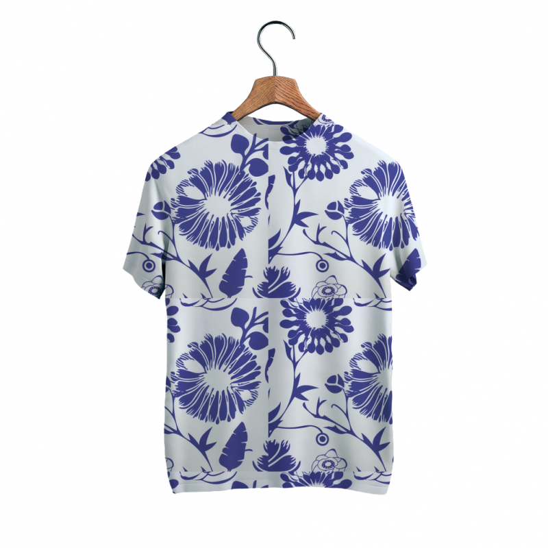 Cotton poplin with flowers - white and navy blue