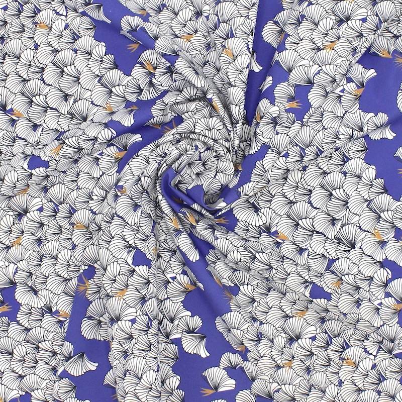 Popeline coton fleurs éventail -bleu