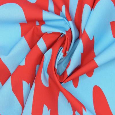 Cotton poplin with graphic patterns - red and sky blue  