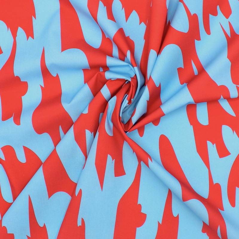 Katoen popeline met grafische motieven - rood en hemelsblauw