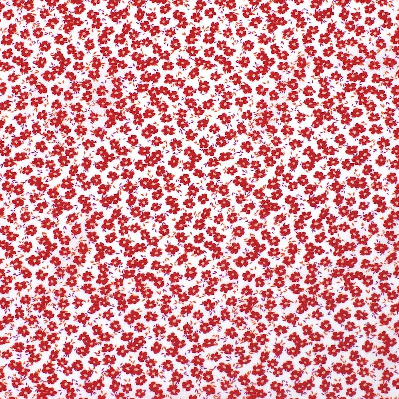 Tissu 100% viscose fleurs - blanc et rouge