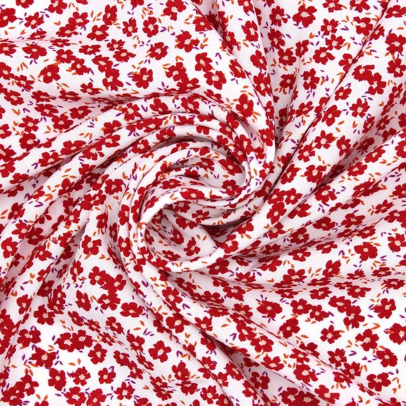 Tissu 100% viscose fleurs - blanc et rouge