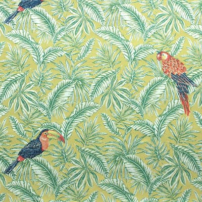 Polyester fabric with pink parrots and beige leaves on yellow background